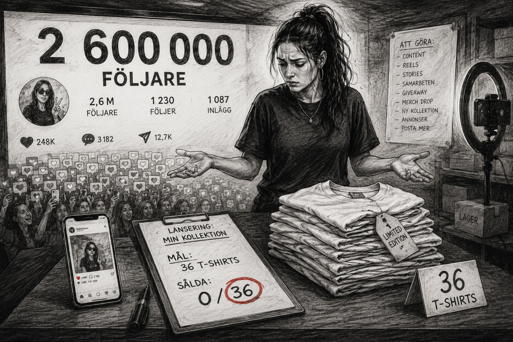 2,6 miljoner följare, men kunde inte sälja 36 t-shirts.